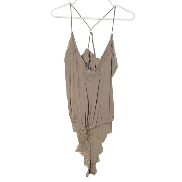 Free People Tops - Free People Satin Bodysuit Womens Size XS Tank Top Beige Tan Lace V Neck Neutral